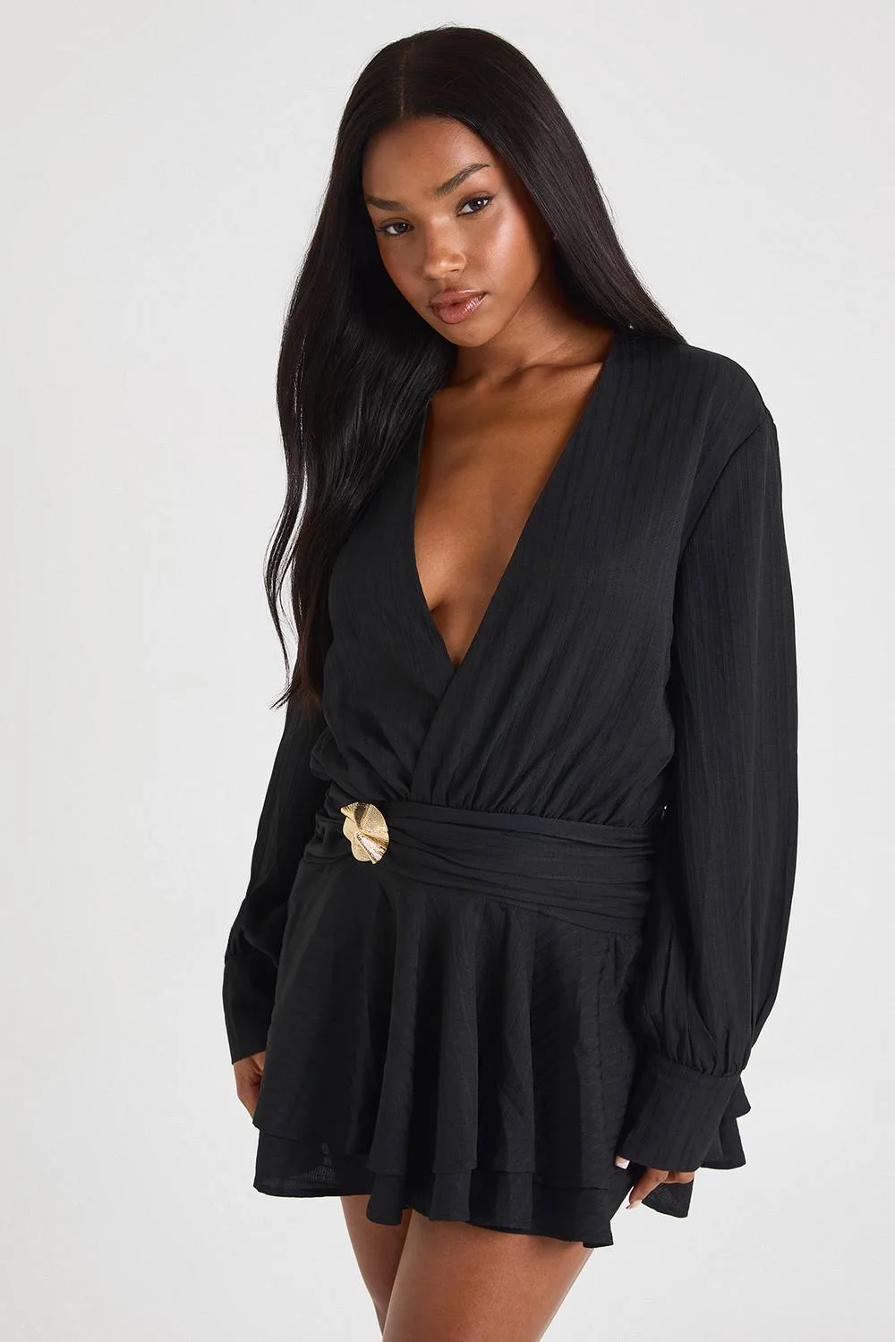 Textured Gold Trim Drop Hem Shirt Dress by boohoo