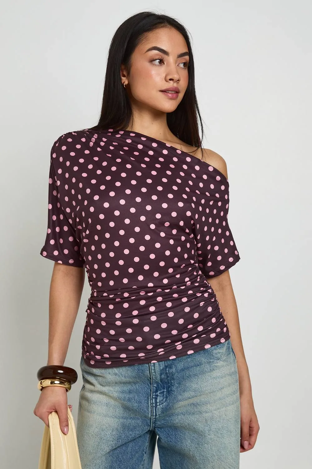 Polka Dot Off-The Shoulder T-Shirt by boohoo