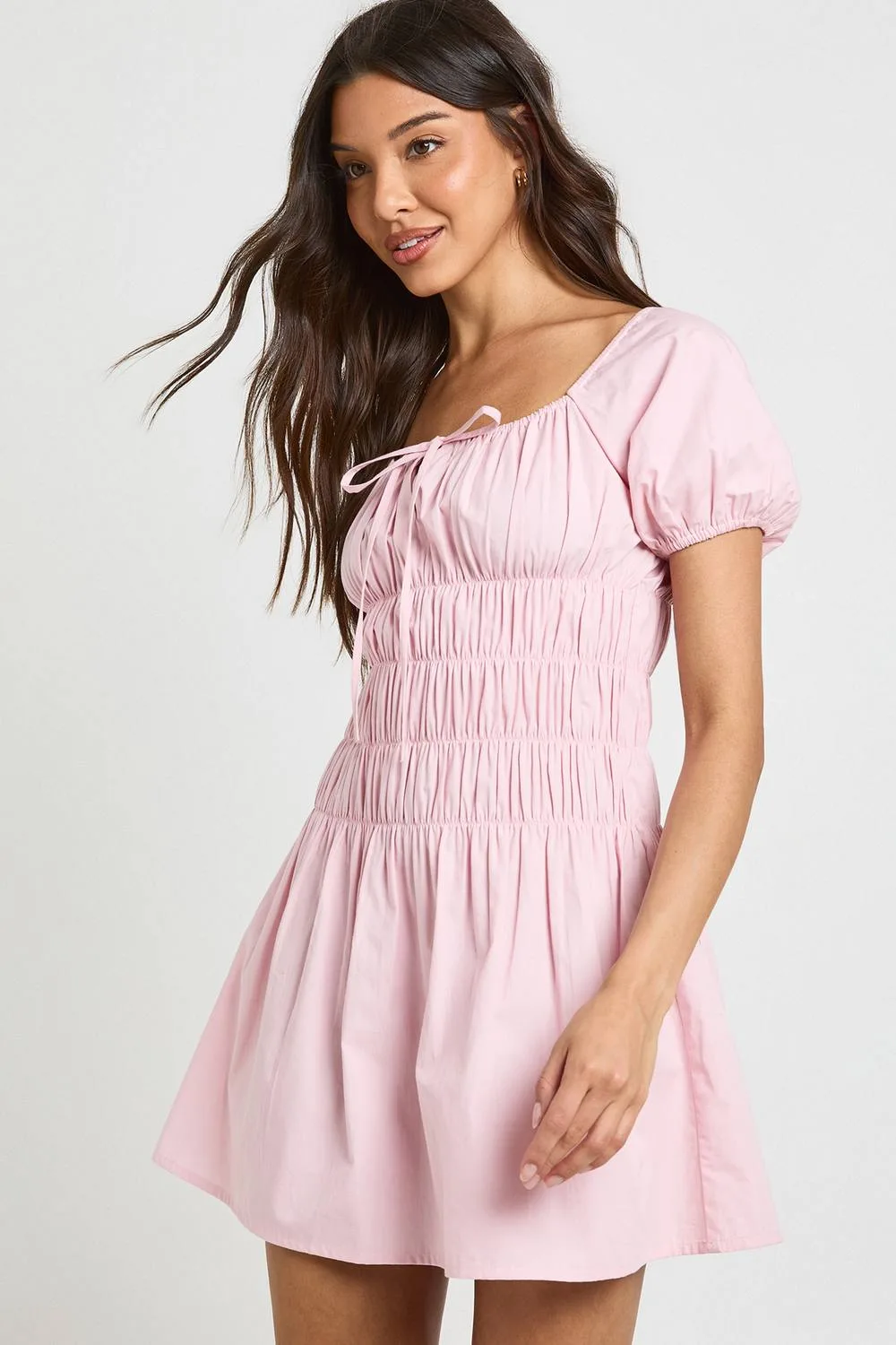 Cotton Poplin Shirred Bodice Puff Sleeve Mini Dress by boohoo