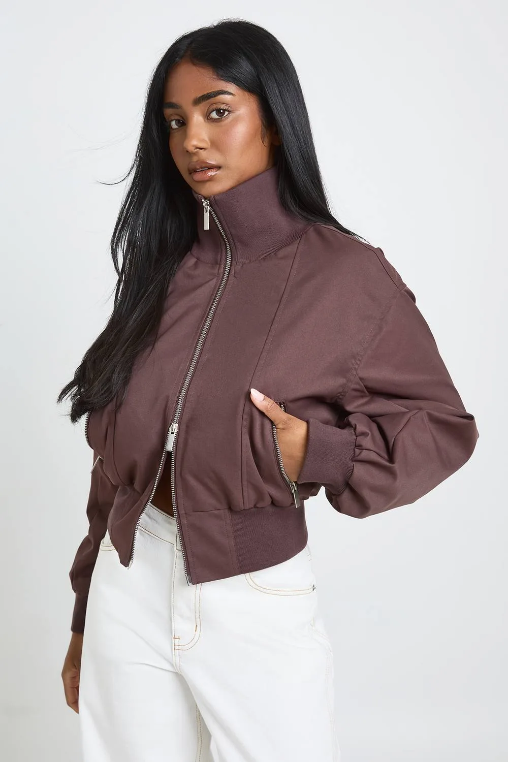 Ribbed Funnel Neck Bomber Jacket by boohoo