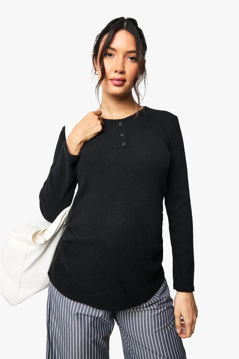 Maternity Popper Front Brushed Rib Top by boohoo