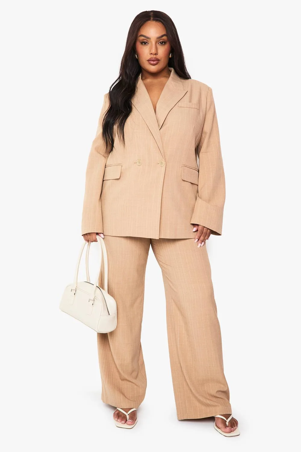 Tailored Pin Stripe Elasticated Wide Leg Trouser - Stone by boohoo