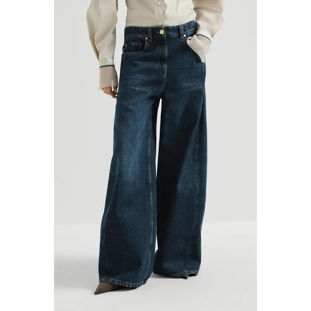 Authentic Denim Wide Trousers with Monili by Brunello Cucinelli