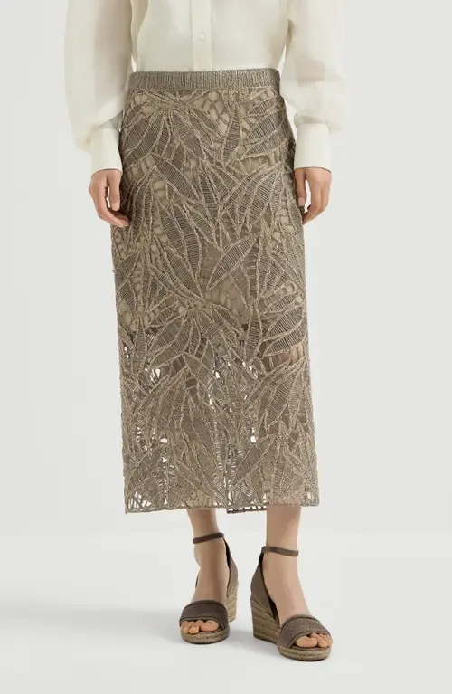 Linen and Cotton Dazzling Cacao Leaves Embroidery Skirt by Brunello Cucinelli