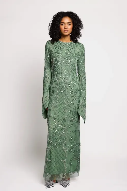 Modest Embellished Sequins Flutter Sleeves Gown by MARYISA