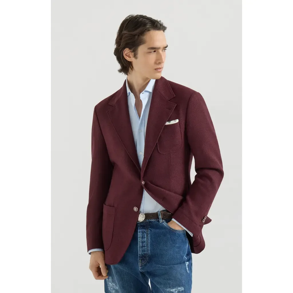 Cashmere Panama Deconstructed Blazer with Patch Pockets and Metal Buttons by Brunello Cucinelli