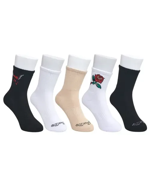 Rose Print Half Cushion Mid Crew Sock 5-Pack by Ed Hardy
