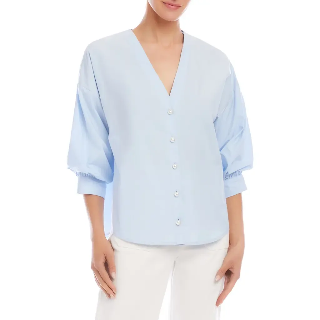 Lantern Sleeve Cotton Button-Up Shirt by Karen Kane