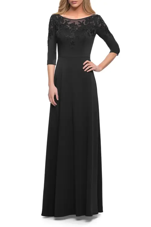 Jersey Mother of the Bride Gown with Lace Neckline by La Femme