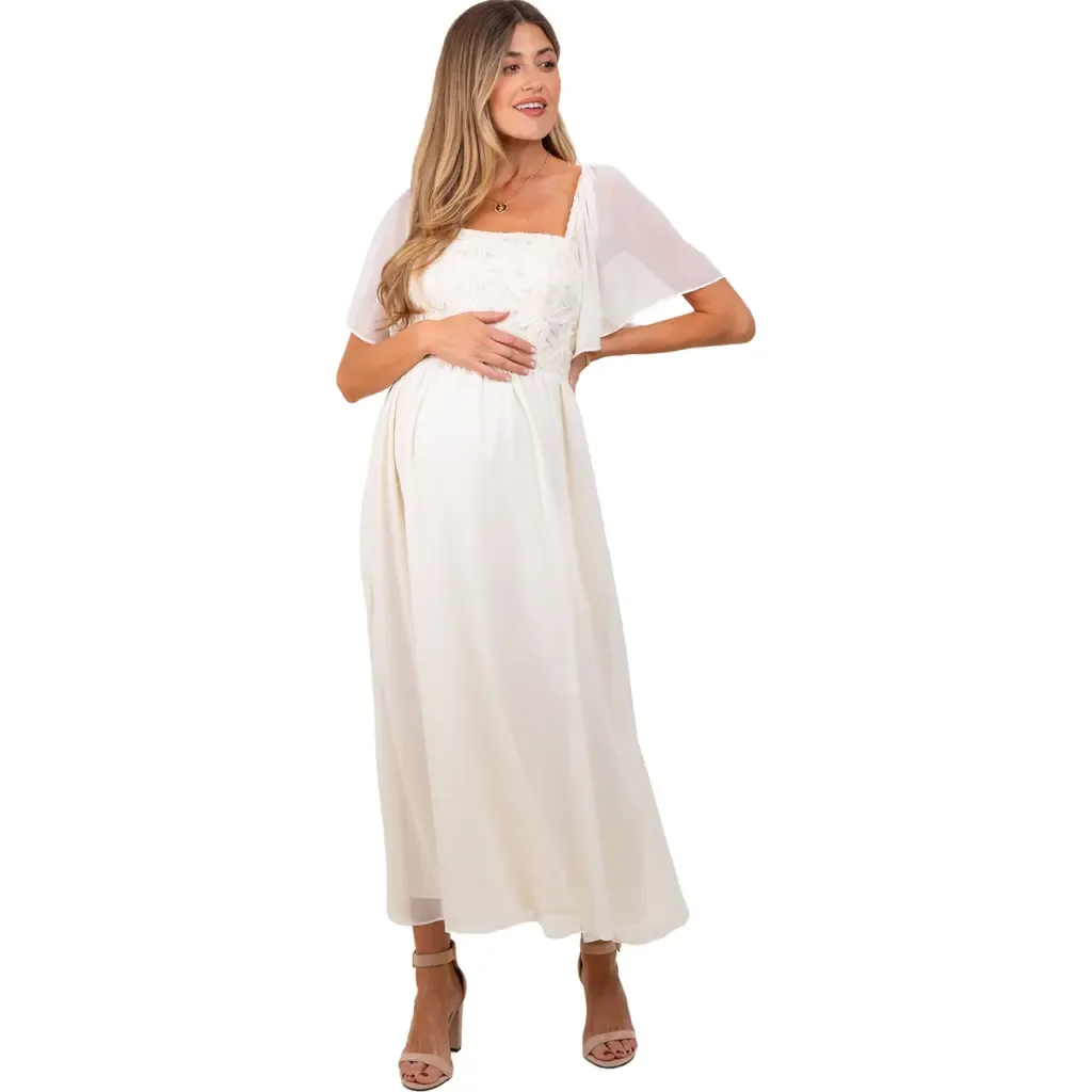 Floral Applique Flutter Sleeved Midi Dress
