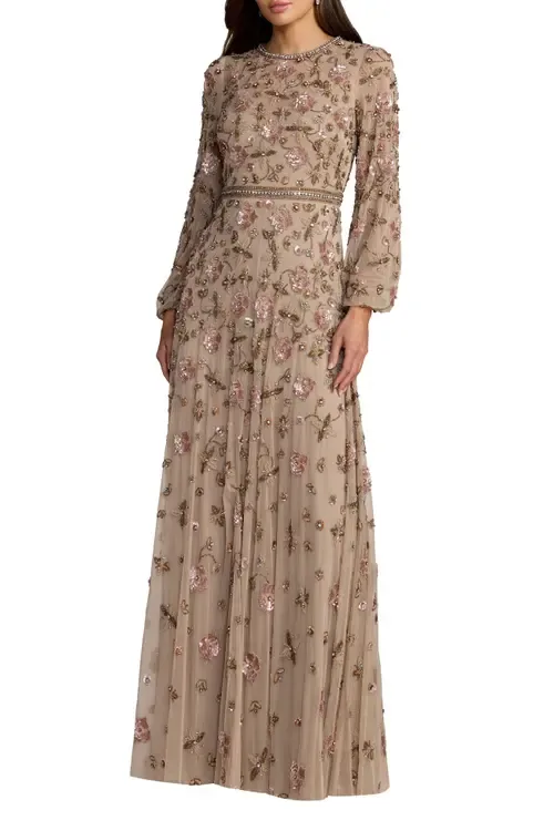 Sequin Mesh Blouson Long Sleeve a Line Gown by Mac Duggal