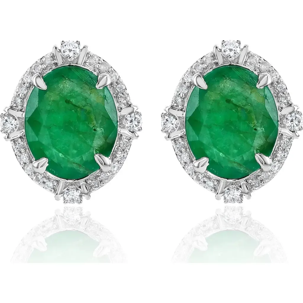 14K Gold 4.48cttw Oval-Cut Emerald & 0.30cttw Diamonds Earrings by SOUZANA by Suzy Levian