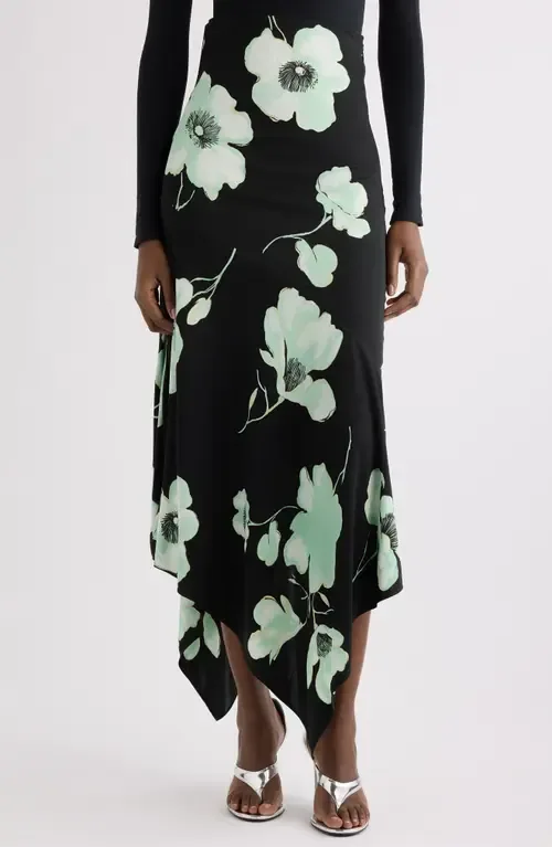 Floral High Waist Asymmetric Jersey Skirt