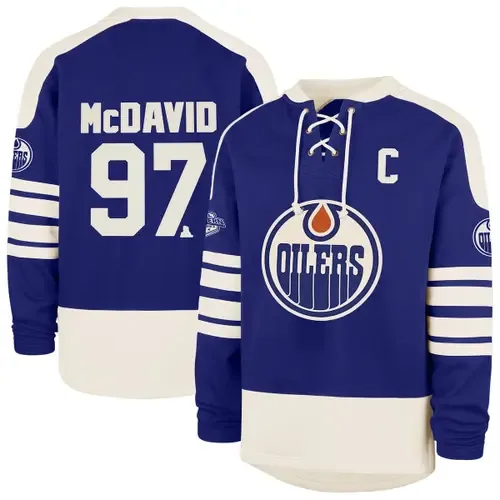 '47 Connor McDavid Royal Edmonton Oilers Player Name & Number Sweep Check Eternal Lacer Sweatshirt by '47