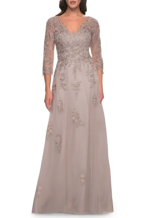 Tulle and Lace A-Line Dress with V Neckline by La Femme