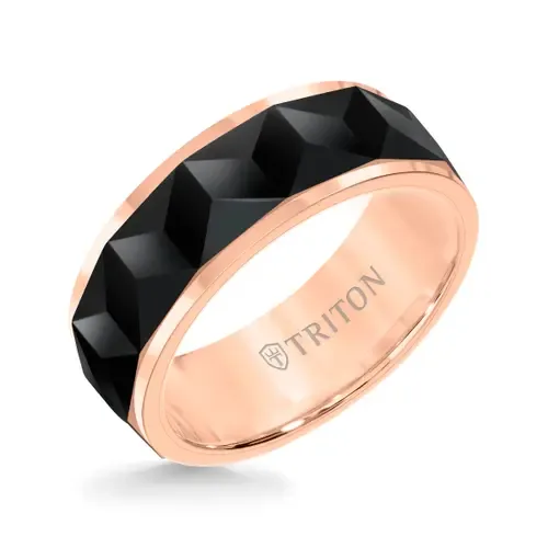 8MM Tungsten Carbide Ring with Faceted Chevron Pattern and Bevel Edge by Triton
