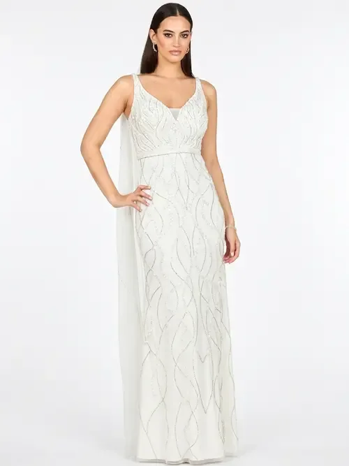 Beaded Faux-Wrap V-Neck Bridal Gown in Ivory by LARA New York