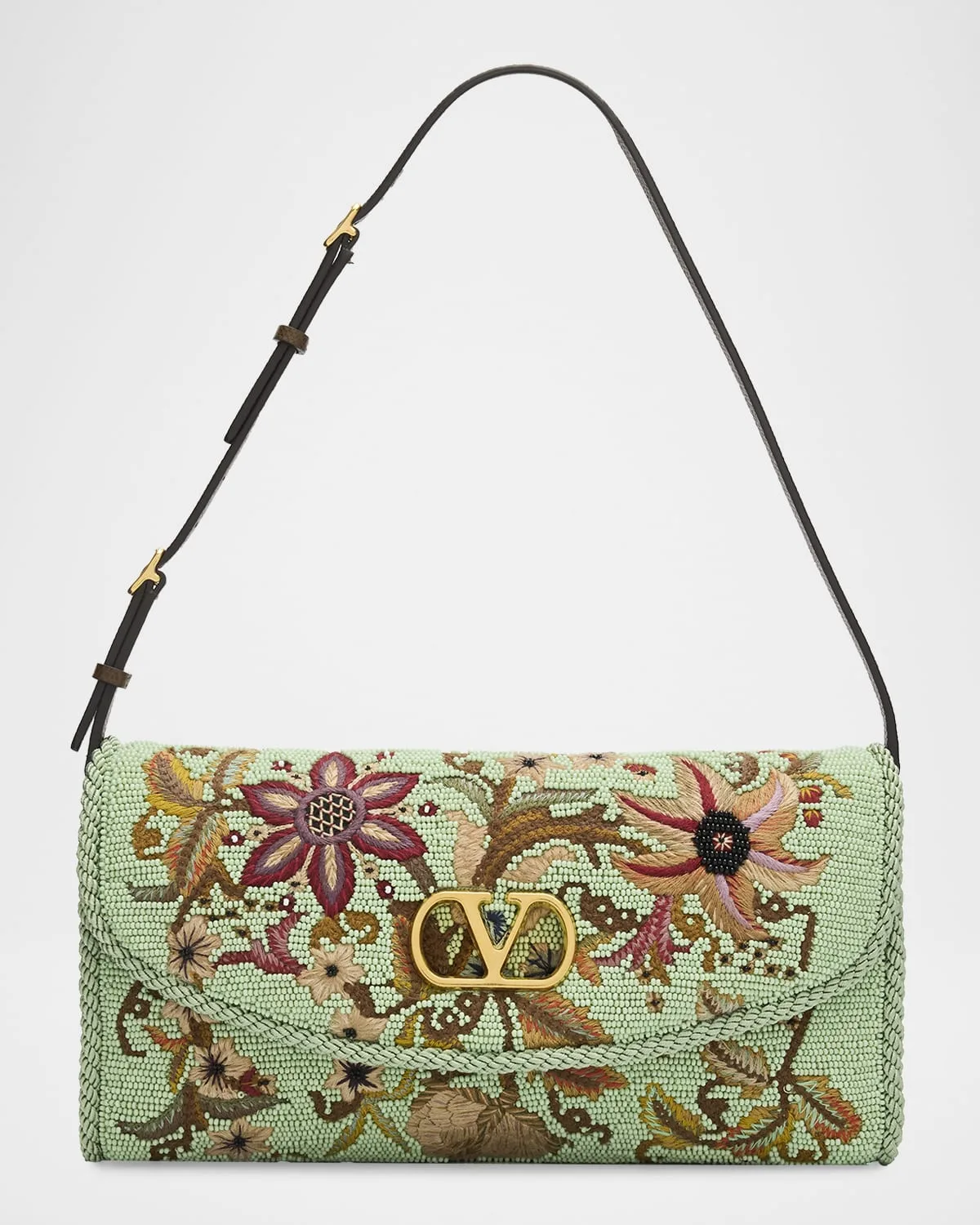Floral-Embroidered Beaded Silk Shoulder Bag
