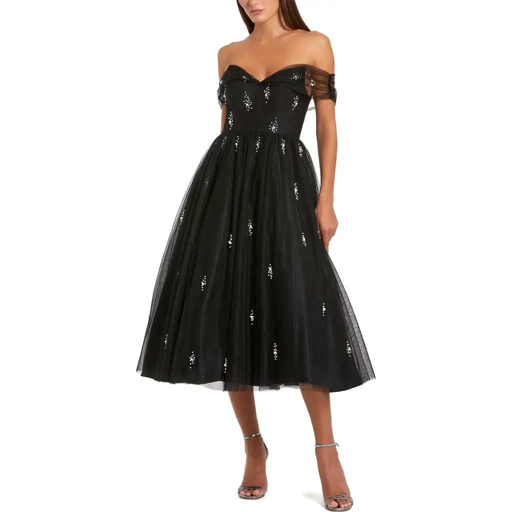 Ieena Off the Shoulder Embellished Tulle Cocktail Dress