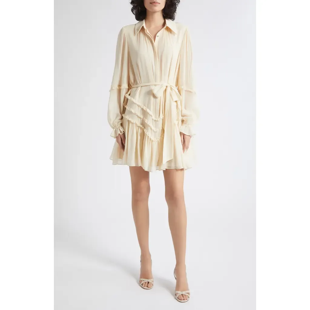 Maya Ruffle Detail Long Sleeve Silk Mini Shirtdress by Ramy Brook