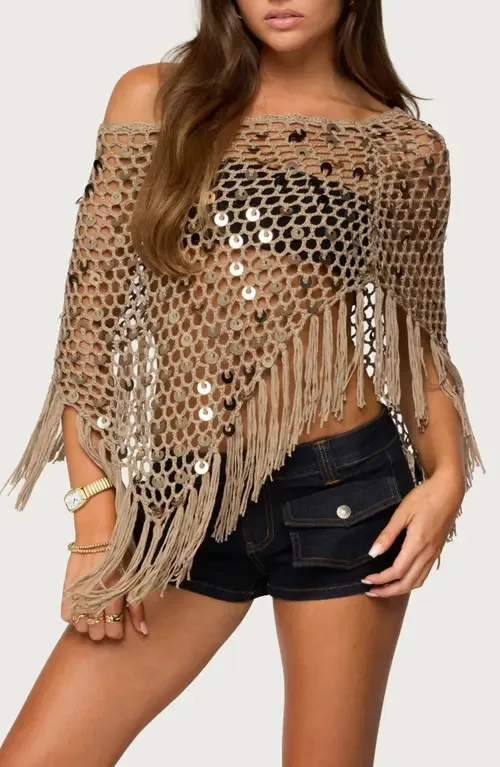 Open Stitch Sequin Fringe Poncho by EDIKTED