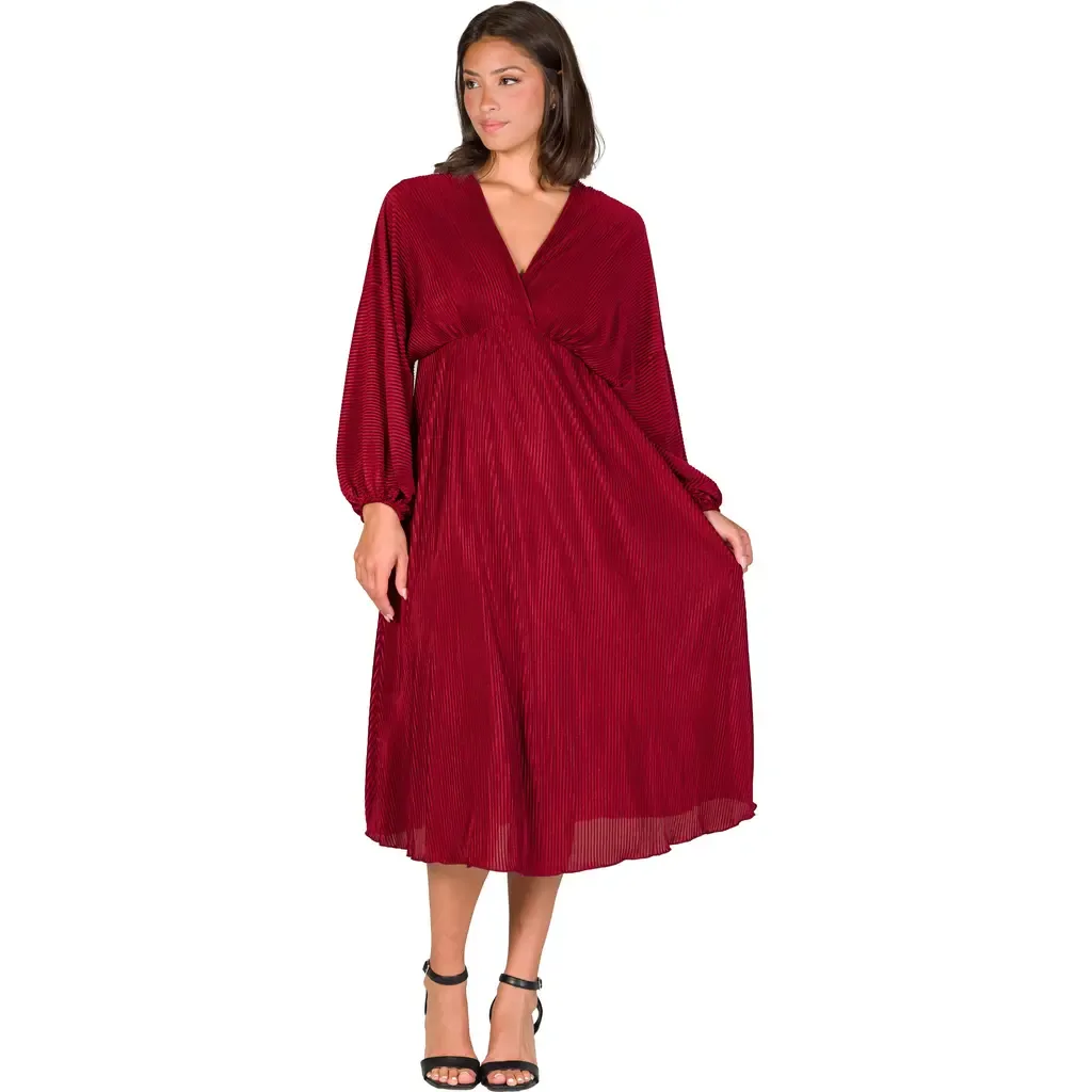 Shimmer Pleated V-Neck Empire Waist Bishop Sleeve Midi Dress