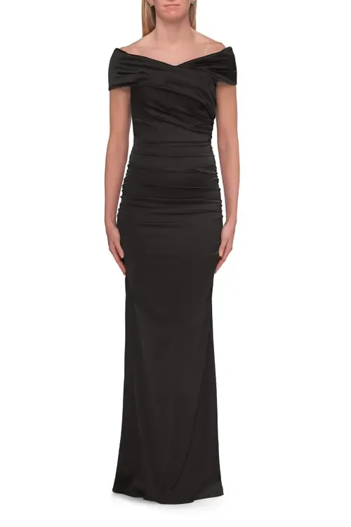 Off-the-Shoulder Ruched Satin Evening Gown by La Femme