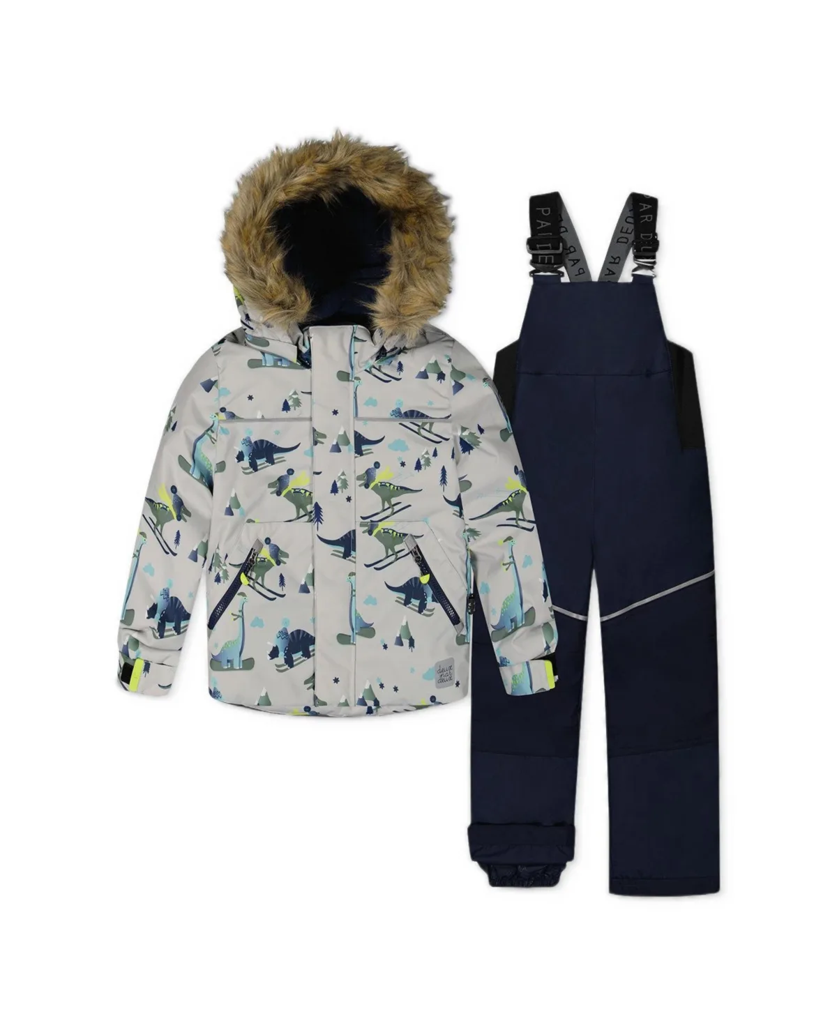 Two Piece Discover Snowsuit Grey Skiing Dinosaur Print by Deux Par Deux
