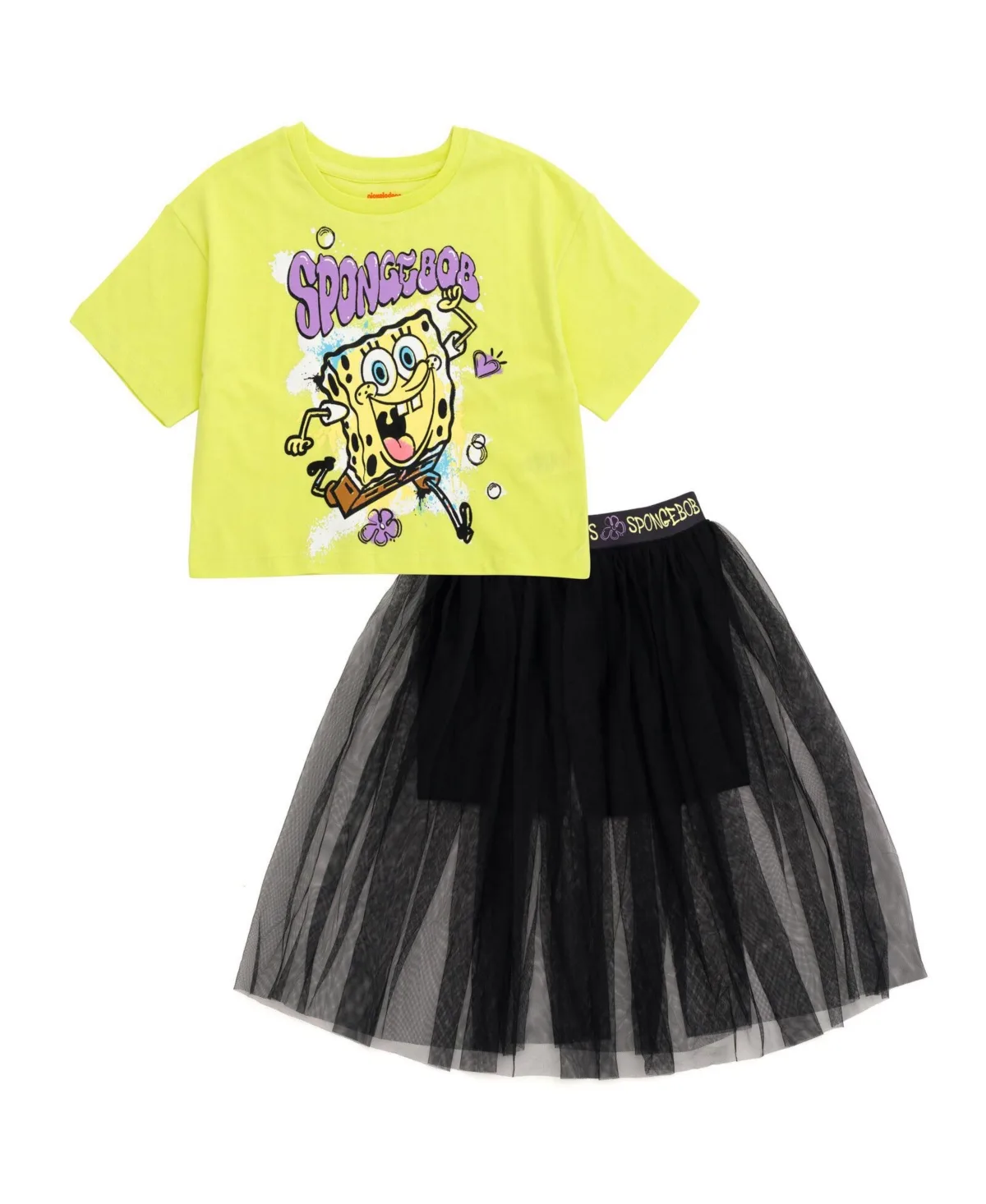 Cropped Boxy Drop Shoulder T-Shirt and Mesh Tulle Skort by Spongebob Squarepants
