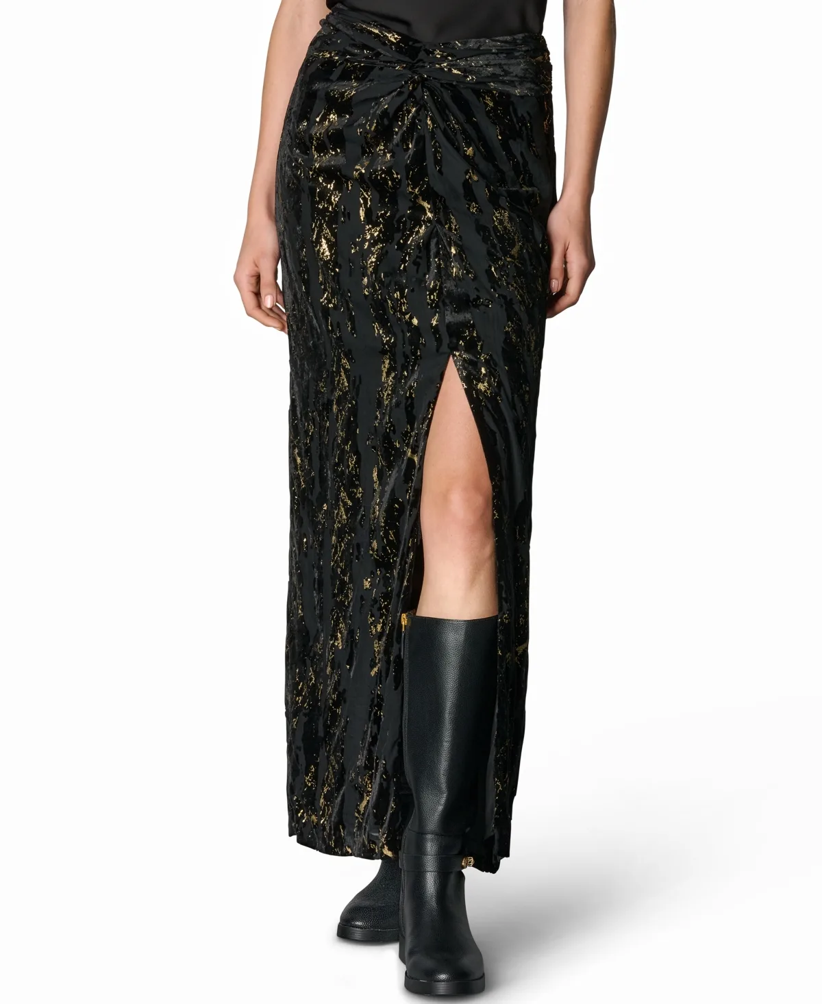 Front-Knot Burnout Draped Maxi Skirt by Donna Karan New York