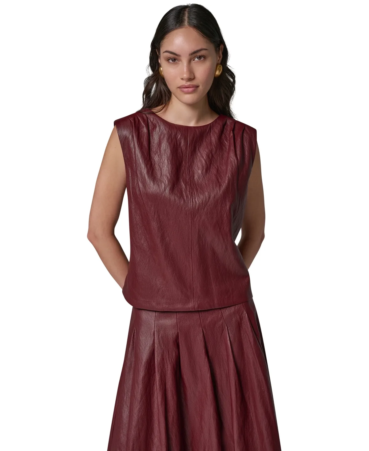 Faux-Leather Sleeveless V-Back Blouse by Donna Karan New York