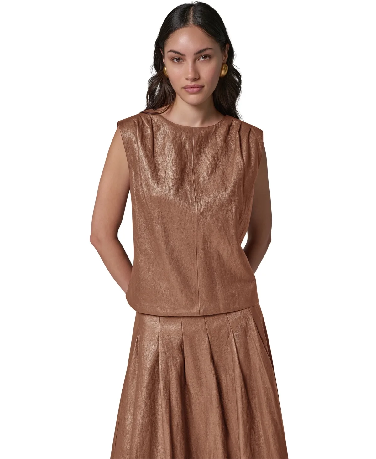 Faux-Leather Sleeveless V-Back Blouse