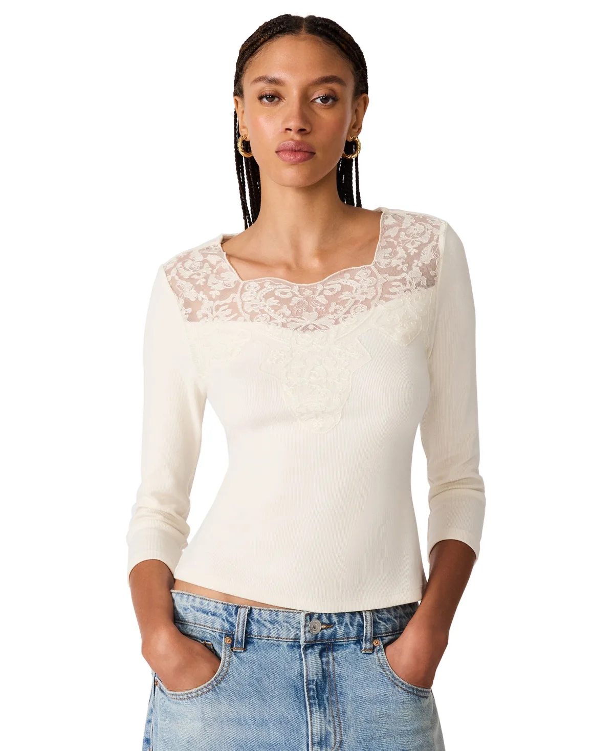 Rib Knit Lace Trim 3/4 Sleeve Square Neck Top by Steve Madden