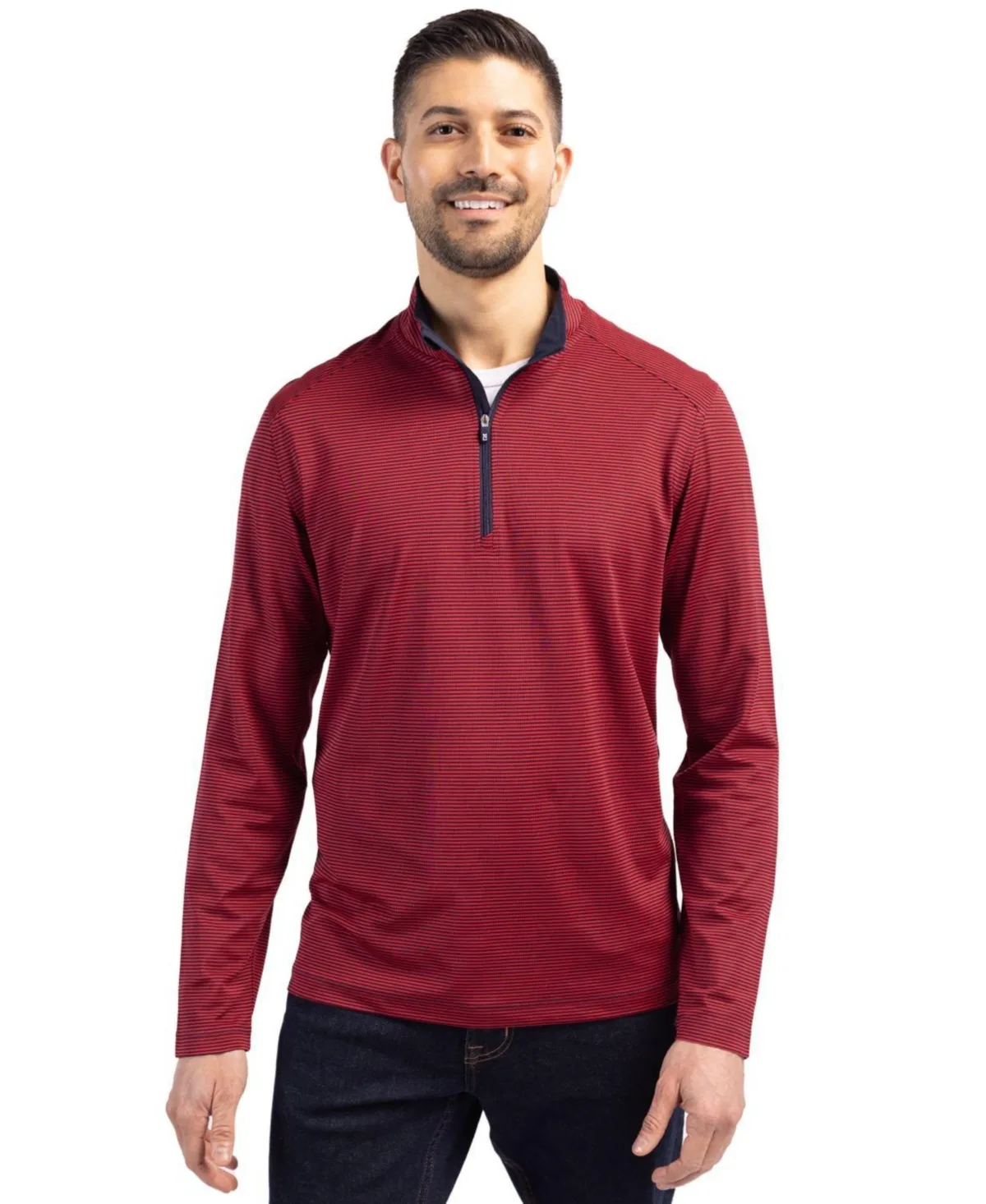 Cutter Buck Virtue Eco Pique Micro Stripe Recycled Quarter Zip Jacket by Cutter & Buck