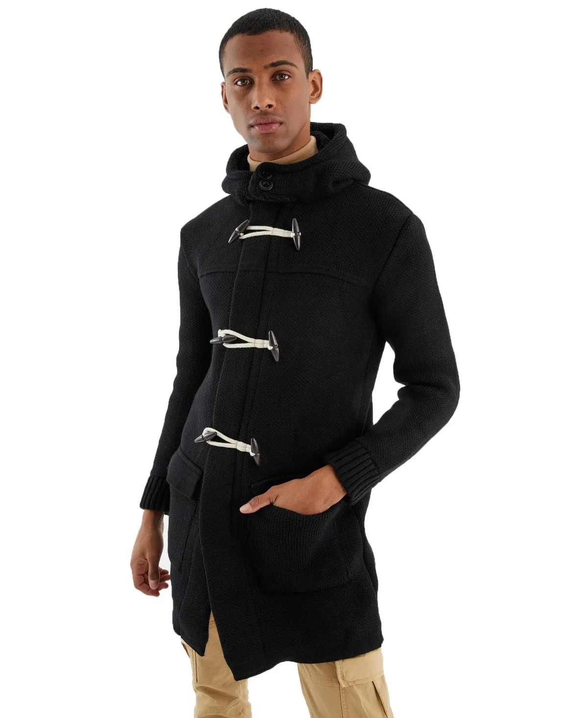 Long Hooded Knit Coat-Style Cardigan with Toggle Closure by Leif Nelson