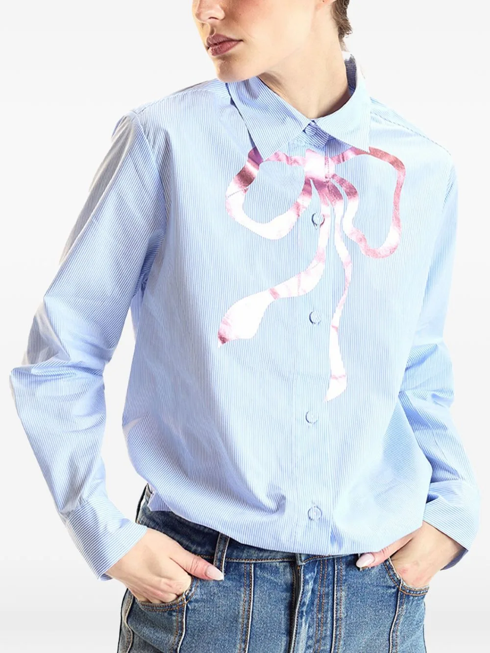 Metallic-Bow Striped Shirt by Cynthia Rowley