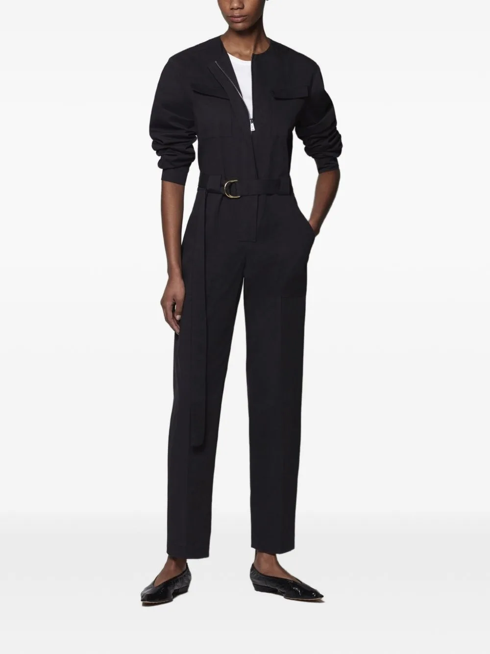 Belted Collarless Jumpsuit by Another Tomorrow