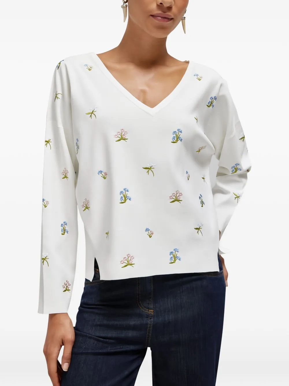 Floral-Embroidered V-Neck Sweater by Blugirl