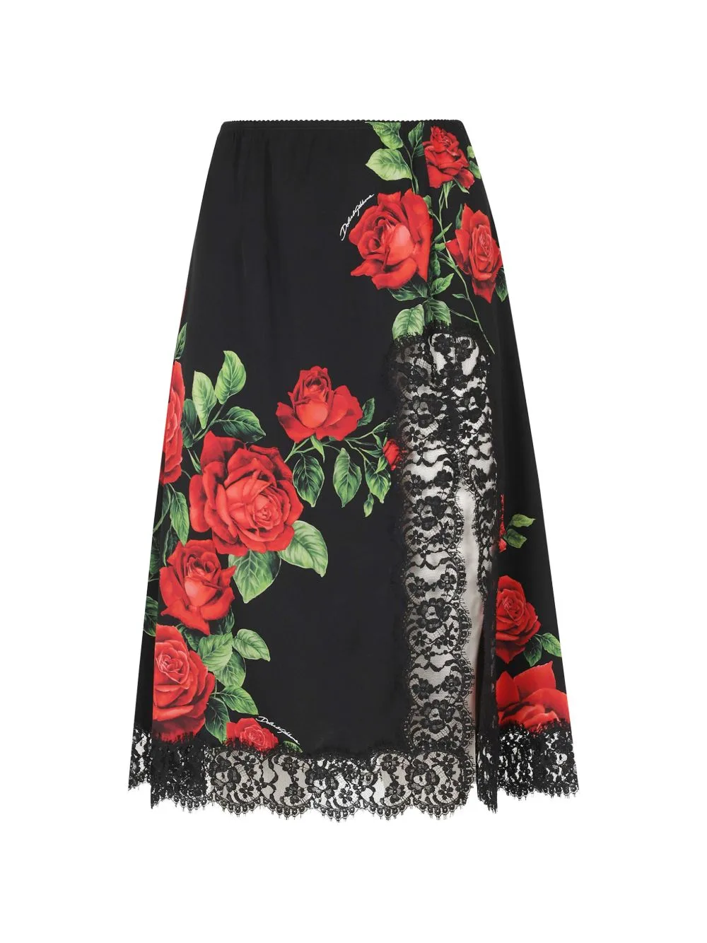 Rose-Print Lace-Trim Midi Skirt by Dolce & Gabbana
