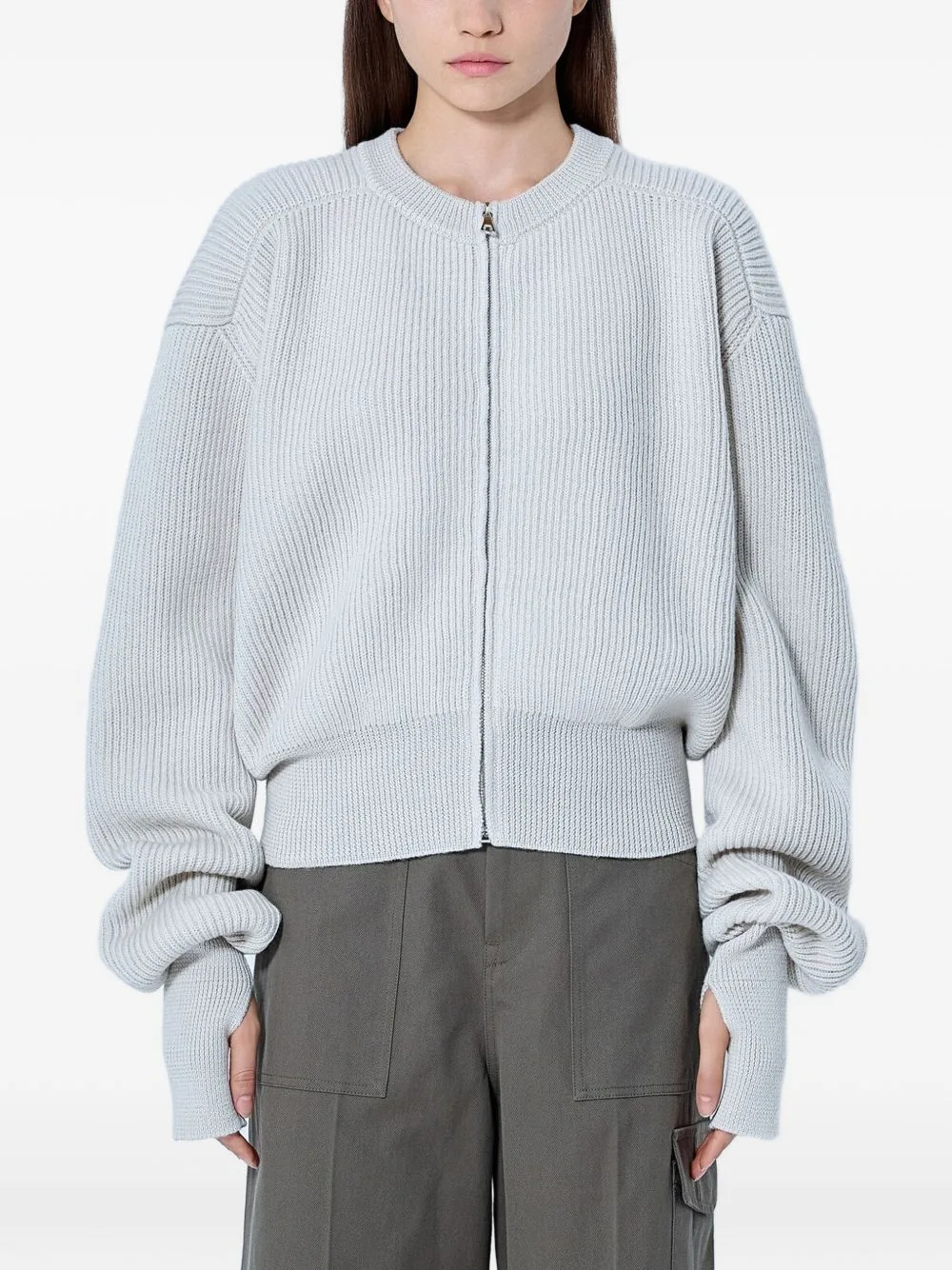 Ribbed-Knit Zip-Up Cardigan by Rier
