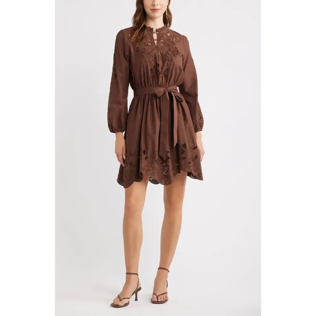 Embroidered Long Sleeve Tie Waist Minidress by Chelsea28