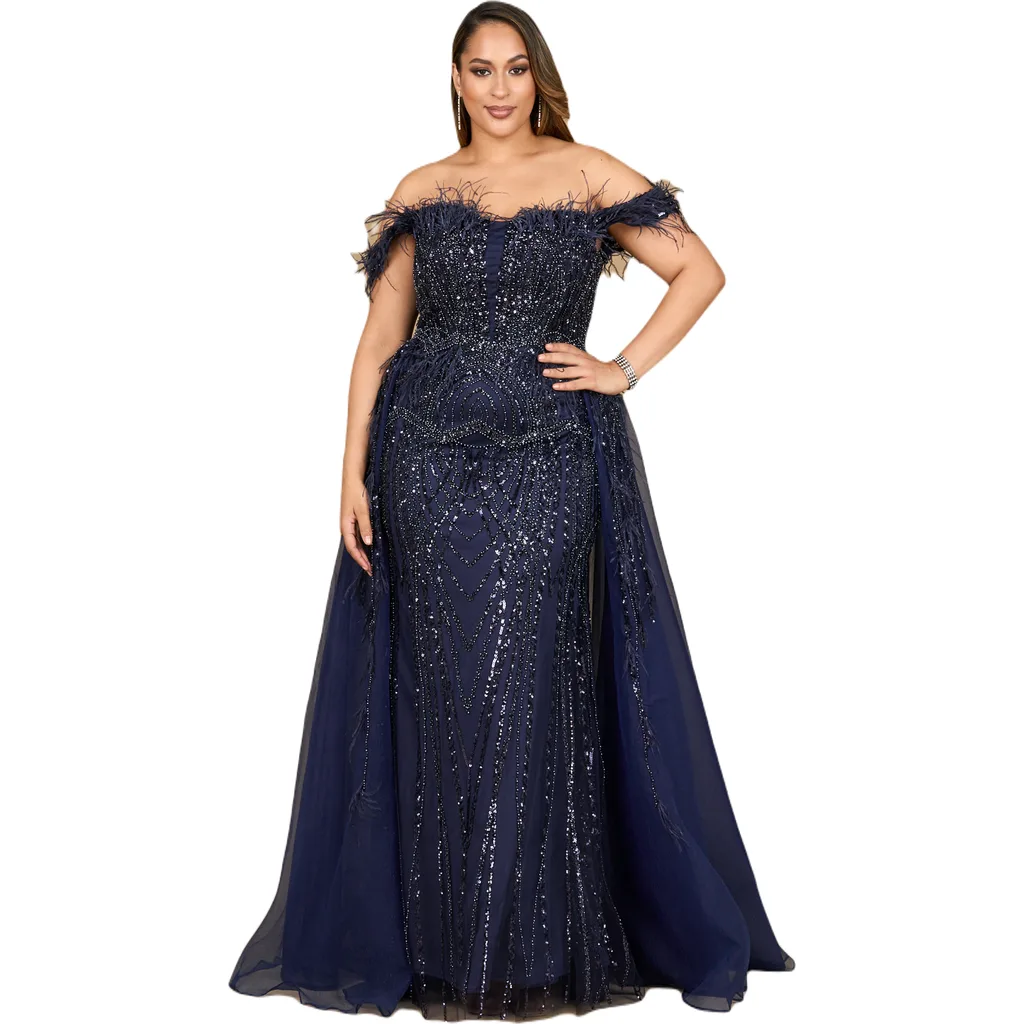 Off Shoulder Gown with Feathers by LARA New York