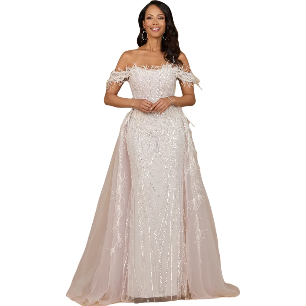 Off Shoulder Gown with Feathers