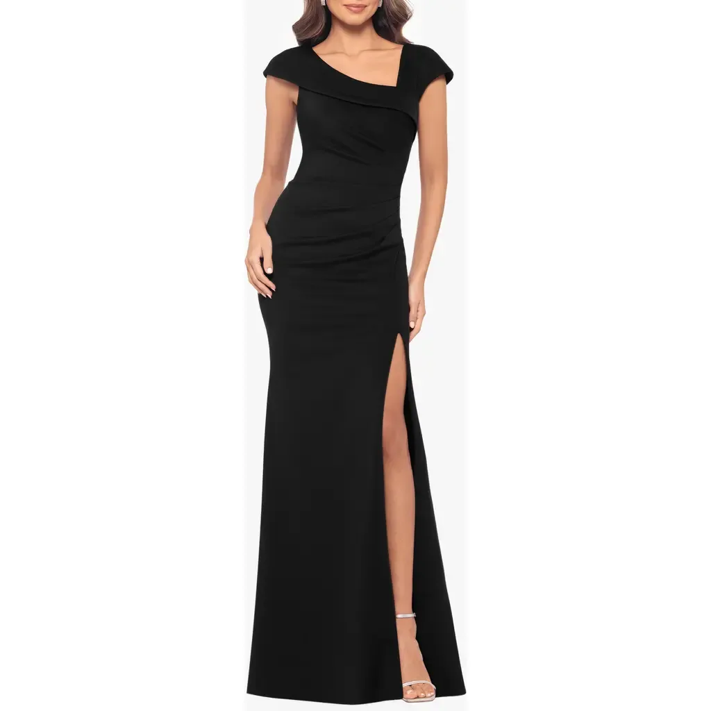 Asymmetric Neck Scuba Knit Trumpet Gown