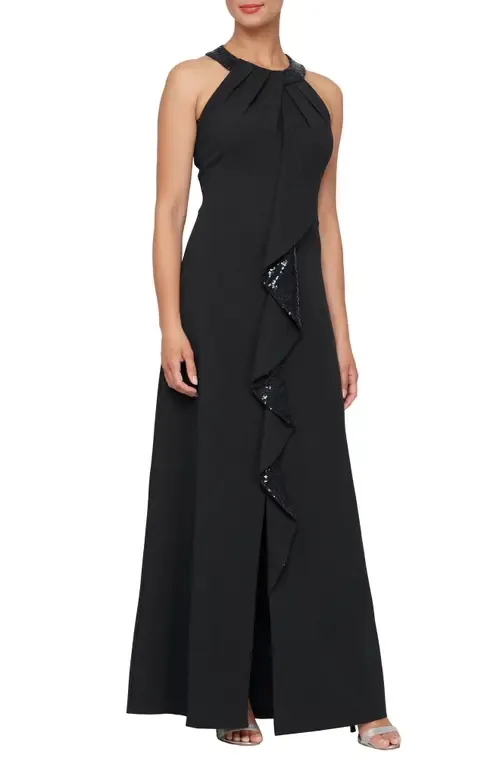 Sequin Halter Neck Ruffle Gown by SL FASHIONS