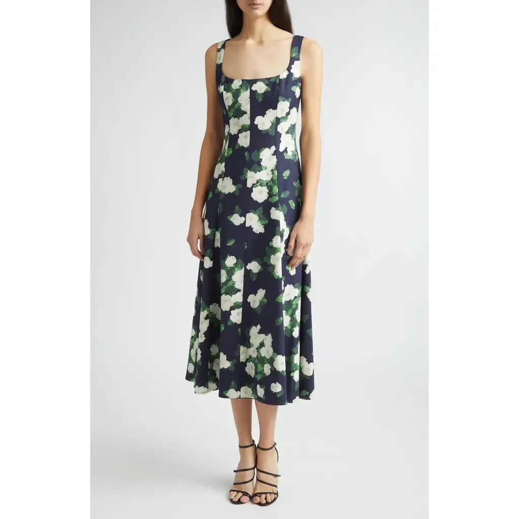 Rose Print Square Neck Sleeveless Midi Dress by Carolina Herrera