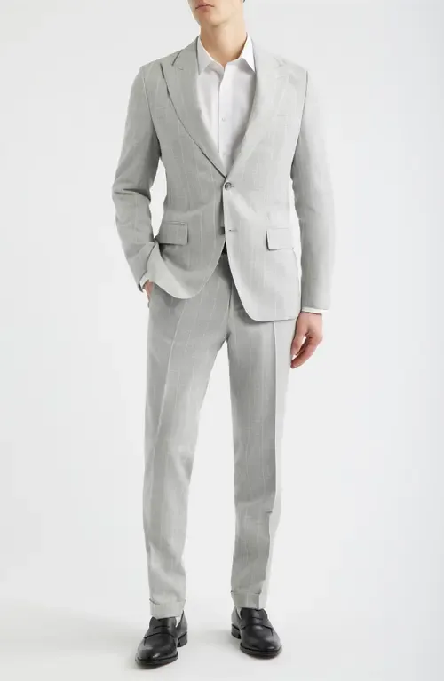 Huge Slim Fit Light Grey Stripe Peak Lapel Cotton & Wool Suit by BOSS