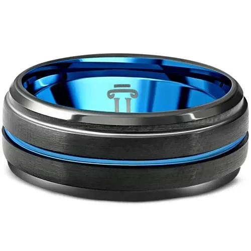 Black & Blue Tungsten Ring Brushed Beveled Step Cut Wedding Band by Bliss Diamond