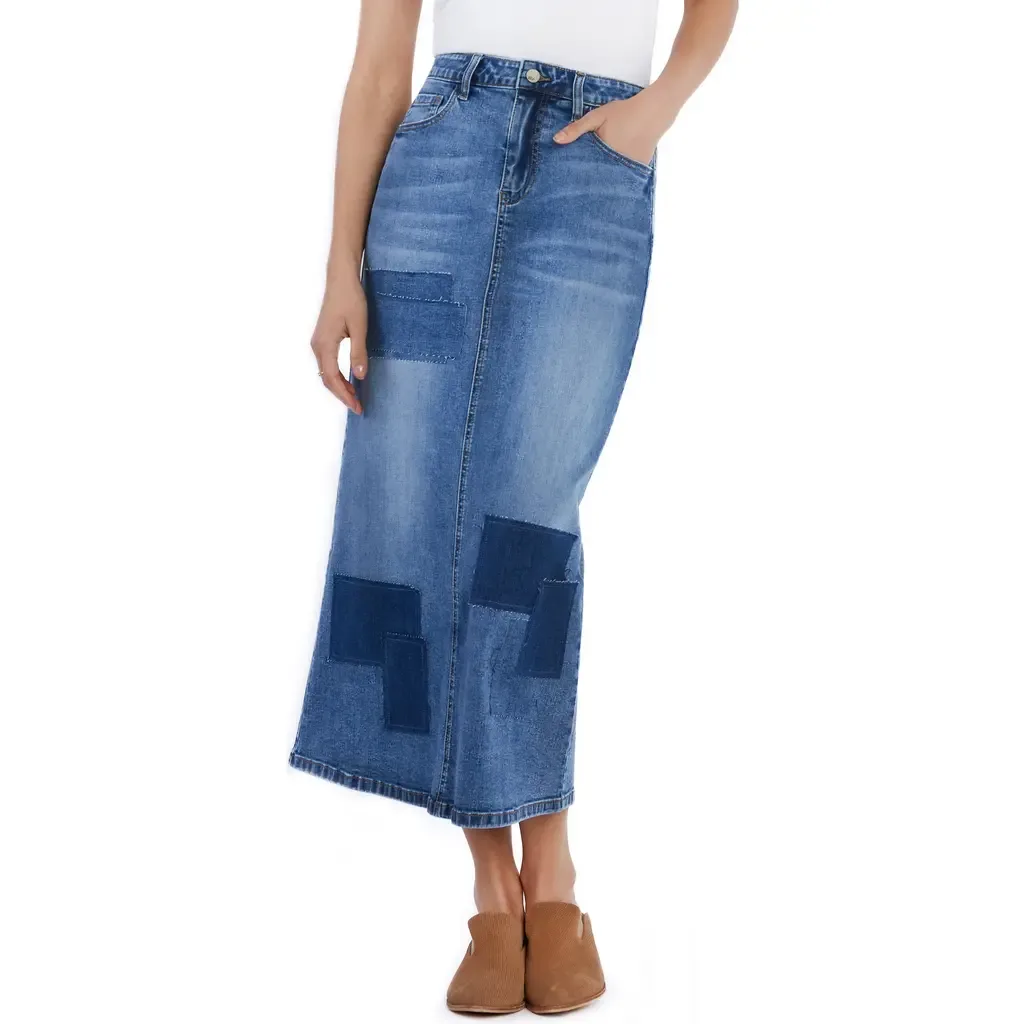 Retro Patchwork Denim Midi Skirt by Wash Lab Denim