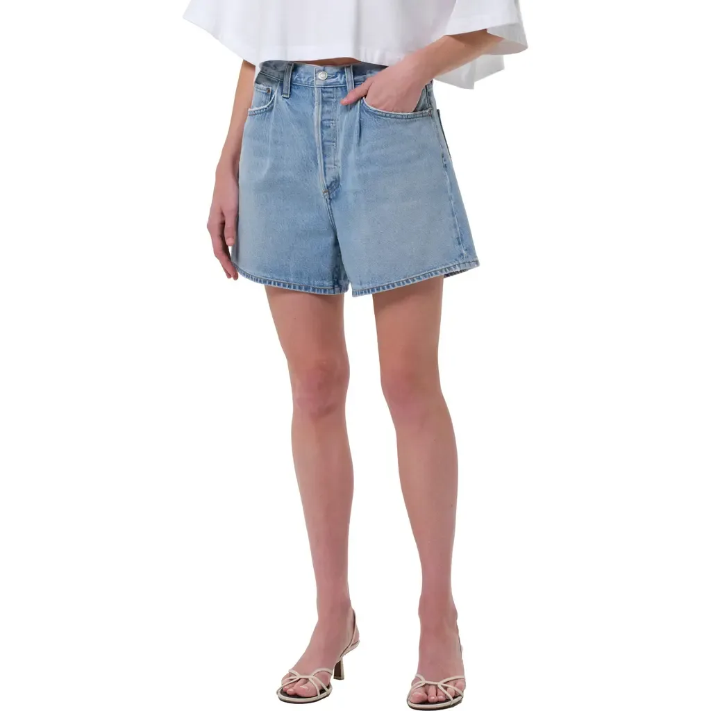 Rhoda Pleated High Waist A-Line Denim Shorts